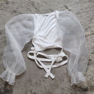Zara White Sheer Sleeve Wrap Top